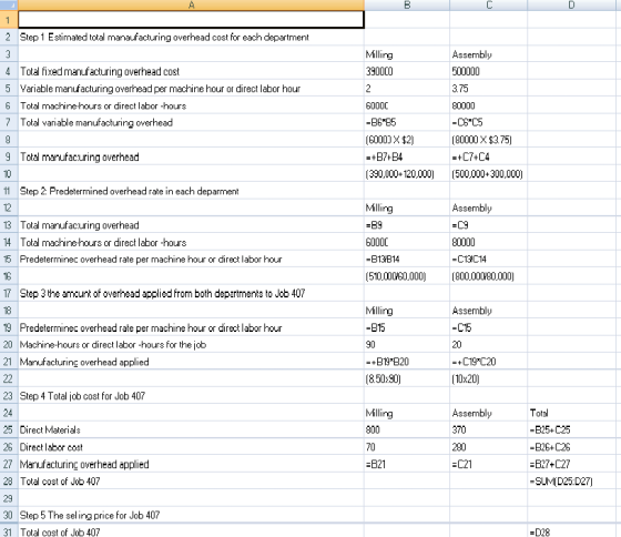 Milling 390000 2 Step 1 Estimated total manaufacturing overhead cost for each department 3 4 Total fixed manufacturing overhe