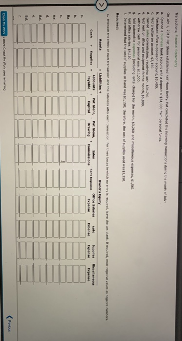 Transactions, Financial Statements On May 1, 2019, Pat Glenn established Half Moon Realty. Pat completed the following transa