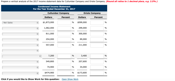 Prepare a vertical analysis of the 2017 income statement data for Cullumber Company and Oriole Company. (Round all ratios to