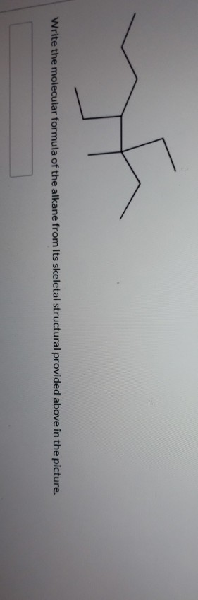 Write the molecular formula of the alkane from its skeletal structural provided above in the picture.