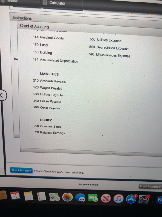 eBook Calculator Instructions Chart of Accounts 144 Finished Goods 170 Land 550 Utilities Expense 560 Depreciation Expense 59