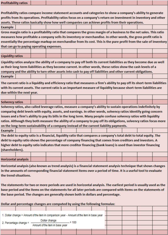 Profitability ratios Profitability ratios compare income statement accounts and categories to show a companys ability to generate profits from its operations. Profitability ratios focus on a companys return on investment in inventory and other assets. These ratios basically show how well companies can achieve profits from their Example Gross margin ratio is a profitability ratio that compares the gross margin of a business to the net sales. This ratio measures how profitable a company sells its inventory or merchandise. In other words, the gross profit ratio is essentially the percentage markup on merchandise from its cost. This is the pure profit from the sale of inventory that can go to paying operating expenses operations. Liquidity ratios Liquidity ratios analyze the ability of a company to pay off both its current liabilities as they become du s their long-term liabilities as they become current. In other words, these ratios show the cash lev company and the ability to turn other assets into cash to pay off liabilities and other current obligations. Example The current ratio is a liquidity and efficiency ratio that measures a firms ability to pay off its short-term liabiliti with its current assets. The current ratio is an important measure of liquidity because short-term liabilities are due within the next year Solvency ratio Solvency ratios, also called leverage ratios, measure a companys ability to sustain operations indefinitely by comparing debt levels with equity, assets, and earnings. In other words, solvency ratios identify going concern issues and a firms ability to pay its bills in the long term. Many people confuse solvency ratios with liquidity ratios. Although they both measure the ability of a company to pay off its obligations, solvency ratios focus more on the long-term sustainability of a company instead of the current liability payments. Example The debt to equity ratio is a financial, liquidity ratio that compares a companys total debt to total equity. The debt to equity ratio shows the percentage of company financing that comes from creditors and investors. A higher debt to equity ratio indicates that more creditor financing (bank loans) is used than investor financing (shareholders) Horizontal analysis Horizontal analysis (also known as trend analysis) is a financial statement analysis technique that shows changes in the amounts of corresponding financial statement items over a period of time. It is a useful tool to evaluate the trend situations. The statements for two or more periods are used in horizontal analysis. The earliest period is usually used as the base period and the items on the statements for all later periods are compared with items on the statements of the base period. The changes are generally shown both in dollars and percentage Dollar and percentage changes are computed by using the following formulas: 1. Dolar change Amount ofthe item comparison year-Amount ofthe ten in base year Dolar change Amount of the tem in base year 2. Percentage change