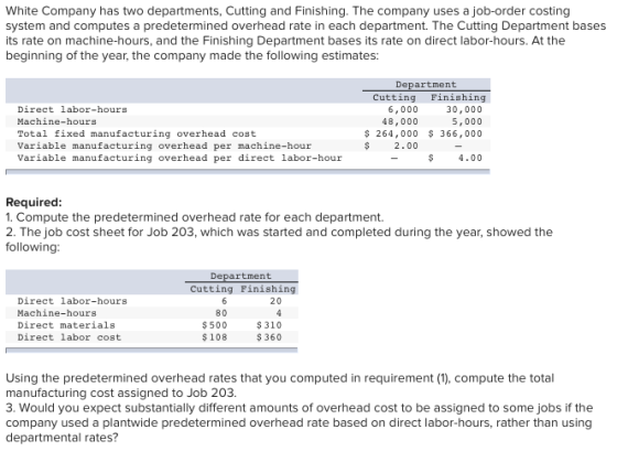 White Company has two departments, Cutting and Finishing. The company uses a job-order costing system and computes a predeter