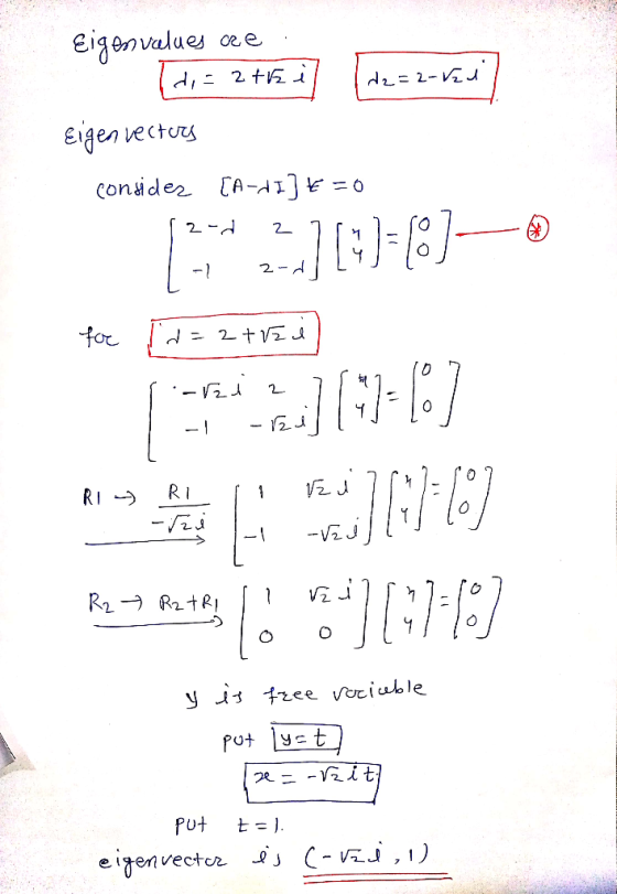 Eigenvalues cre. di- 2tr dz=2-ed aga (di = 2 +158] [de=z-vodi Eigen vectors consider [A-dI] K = 0 for Td = a trei R₂ → Rz tri