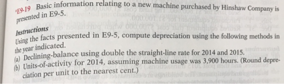 information relating to a new machine purchased by Hinshaw Company is E919 Instructions lsing the facts presented in E95, compute depreciation using the following methods in the year indicated. (a) Dec lining-balance using double the straight-line rate for 2014 and 2015. Units-of-activity for 2014,a ciation per unit to the nearest cent.) ssuming machine usage was 3,900 hours. (Round depre-