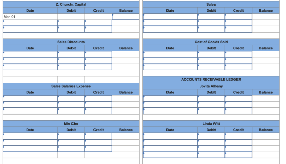 Z. Church, Capital Debit Sales Debit Date Credit Balance Date Credit Balance Mar. 01 Sales Discounts Debit Cost of Goods Sold