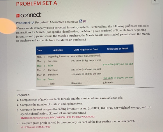 PROBLEM SET A connect Problem 6-1A Perpetual: Alternative cost flows P1 Warnerwoods Company uses a perpetual inventory system
