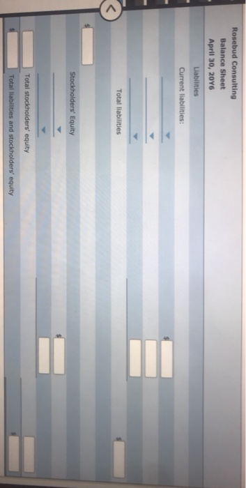 Rosebud Consulting Balance Sheet April 30, 2016 Liabilities Current liabilities: Total liabilities Stockholders Equity Total