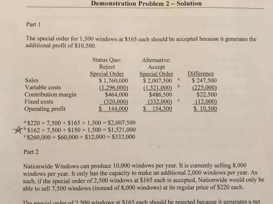 Demonstration Problem 2-Solution Part 1 The special order for 1,500 windows at $165 each should be accepted because it genera