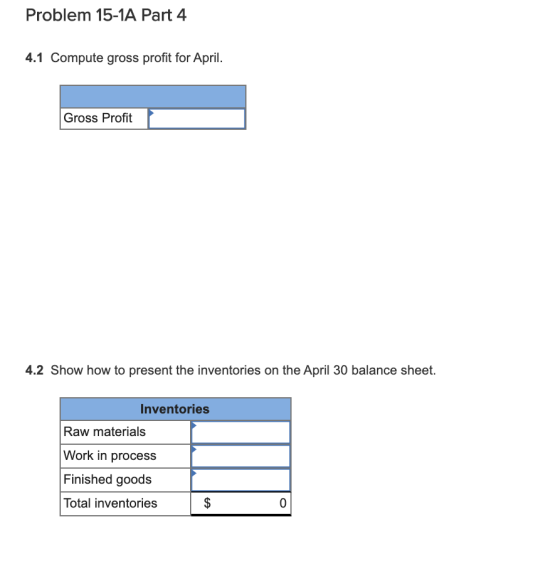 Problem 15-1A Part 4 4.1 Compute gross profit for April. Gross Profit 4.2 Show how to present the inventories on the April 30
