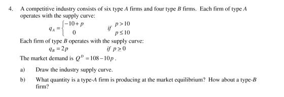 4. A competitive industry consists of six type A firms and four type B firms. Each firm of type A operates with the supply cu