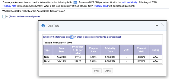 Treasury notes and bonds. Use the information in the following table: B. Assume a $100,000 par value. What is the yield to ma