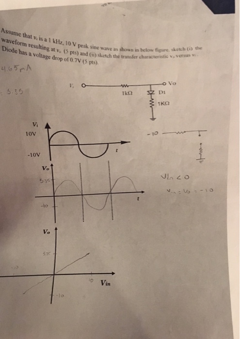 Assume that v.is a I ktz. 10 V oin resulting at v, (5 pts) and (iü) sketch the transfer characteristic Diode has a voltage drop of 0.7V (5 pts) peak sine wave as shoun in below figure sketh (0 the as hon v,Versus o Vo D1 1K2 1. 5.35 1k2 Vi 10V -10V Vo Vo 53c 0 Vin lo