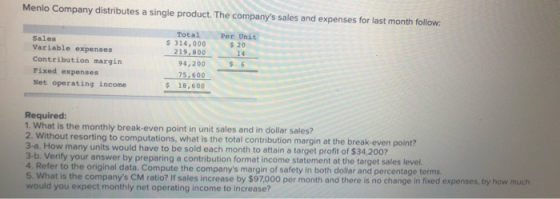 Menlo Company distributes a single product. The companys sales and expenses for last month follow. Per Unit $20 Sales Variab