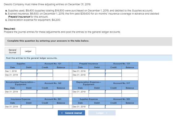 Desoto Company must make three adjusting entries on December 31, 2019 a. Suppliles used, $9,400 (supplles totaling $14,800 we