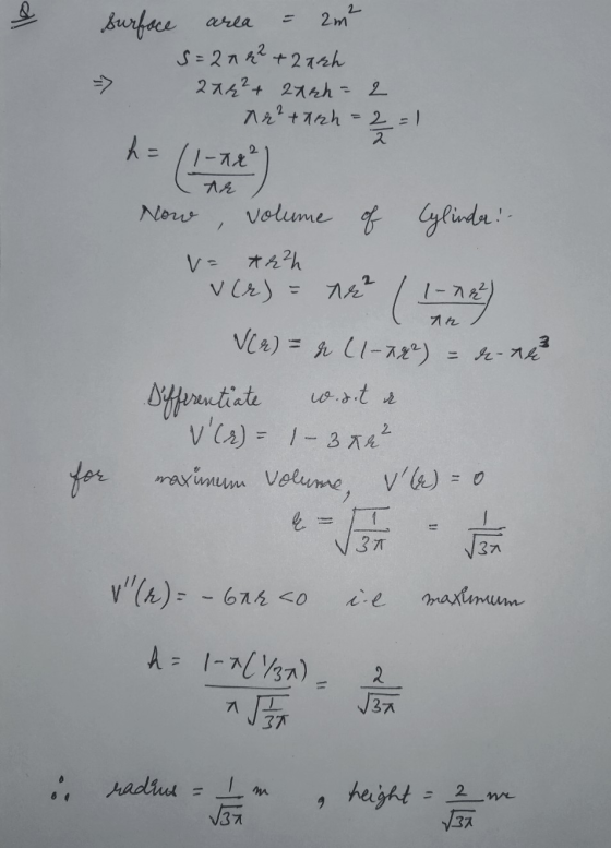 2 area Surface 2m s=27&² + 2agh 274²+ 2x8h = 2 A r²tarh - 2 2 = 1 he 1-nr ² Ar Now / AR volume of Cylinder: - * 4 ²h ver) = n