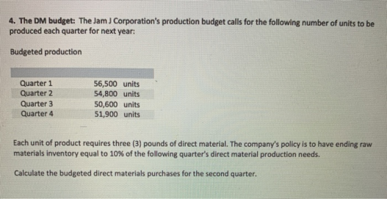 4. The DM budget: The Jam J Corporations production budget calls for the following number of units to be produced each quart