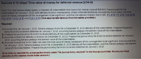 Exercise 6-13 (Algo) Time value of money for deferred revenue (L06-6] Arctic Cat sold Seneca Motor Sports a shipment of snowm