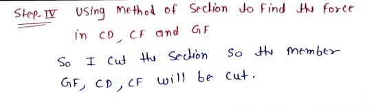 Step-IV Using Method of Section to find the force in CD, CF and GF So I cut the section So the Member GF, CD, CF will be cut.