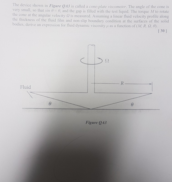 The device shown in Figure OA3 is called a cone-plate viscometer. The angle of the cone is very small, so that sin 0 0, and t