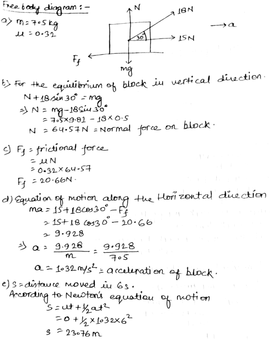 N Free body diagram :- ay roi = 7.5 kg 718N →a -0.32 30 ISN Ft ng b) for the equilibrium of block iu vertical direction N +18