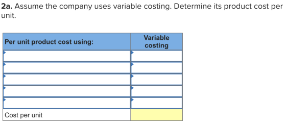2a. Assume the company uses variable costing. Determine its product cost per unit. Per unit product cost using: Variable cost