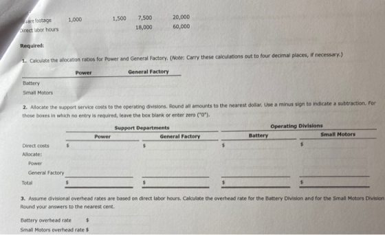 1,000 1,500 Jare footage Direct labor hours 7,500 18,000 20,000 60,000 Required: 1. Calculate the allocation ratios for Power