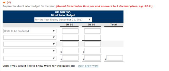 (d) Prepare the direct labor budget for the year. (Round Direct labor time per unit answers to 1 decimal place, e.g. 52.7.) D