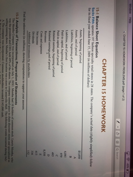Window Help 43% CHAPTER 15 HOMEWORK PROBLEMS.pdf (page 1 of 2) Q Search CHAPTER 15 HOMEWORK 15-1 Balance Sheet Equation Sacks