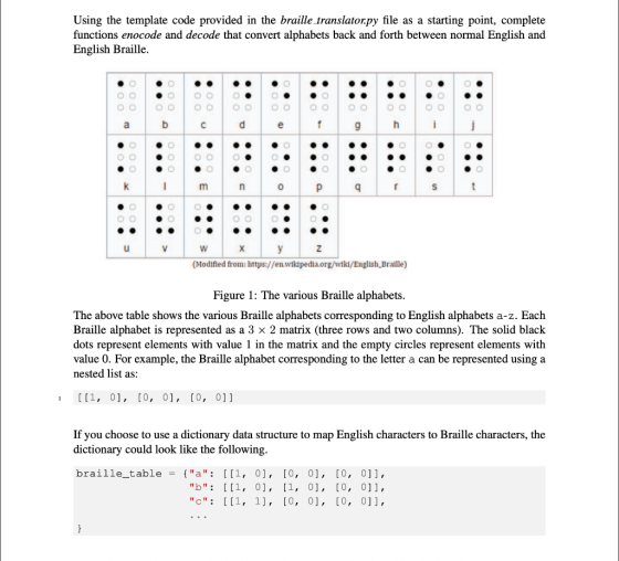 Using the template code provided in the braille translator.py file as a starting point, complete functions enocode and decode