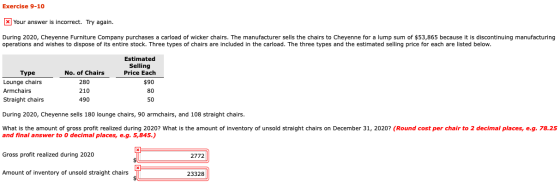 Exercise 9-10 x Your answer is incorrect. Try again. During 2020, Cheyenne Furniture Company purchases a carload of wicker ch