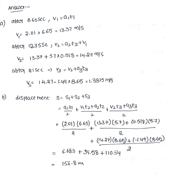 a) atol 6.65sec, vl:0 v- 9.01 x 6.6513.37 mls YE 13.37 + 5.1 x 0.518-14 M)ς displace ment S=S1+52 ts3 23 2. 2 (2.ol) 16.65). (13.3 구)(67)+ (o. 518)(5.7) + (14-27)(8-65)+(-1.49)(B&J -6.683 +35o.Sy = 156.8 m