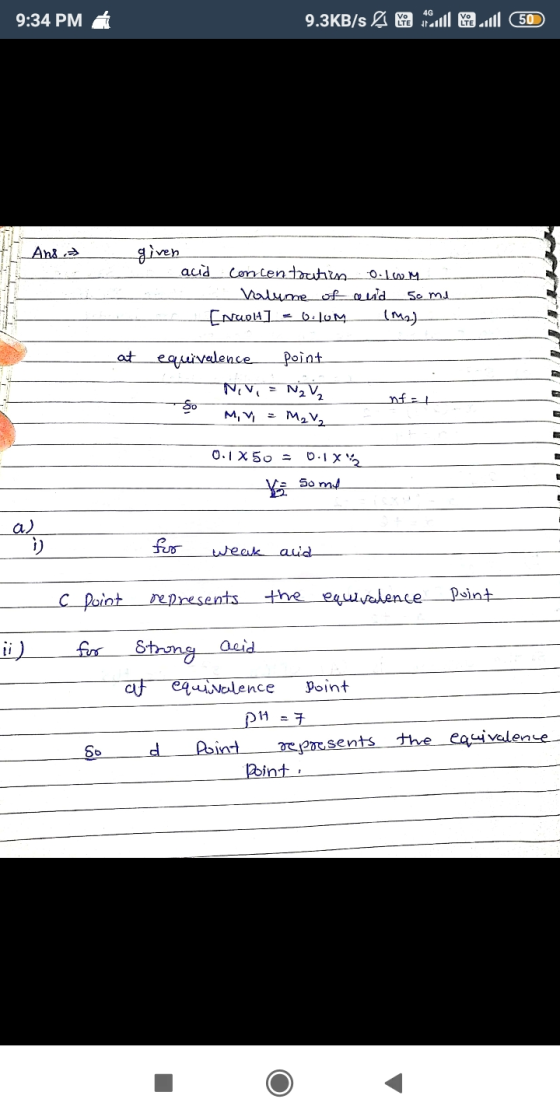 9:34 PM 9.3KB/s & all 11 50 Ansa given acid concentration. 0.10M Volume of auld So mi [Nuol] (M2) عملنا = at equivalence poin