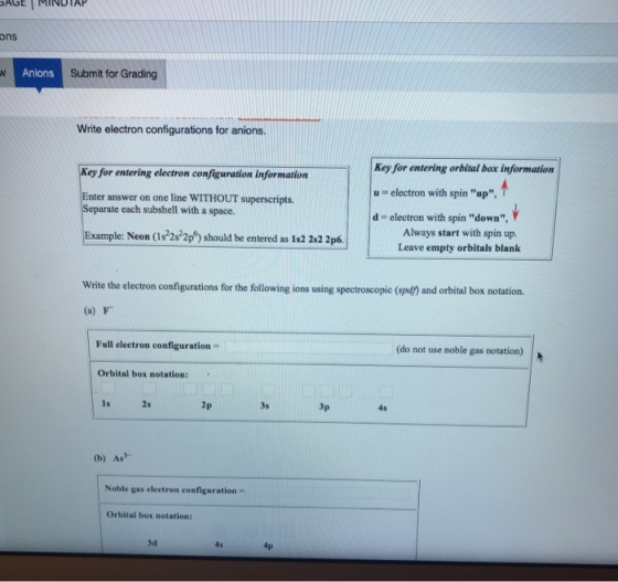 GAGE MINDIAP ons Anions Submit for Grading Write electron configurations for anions. Key for entering electron configuration