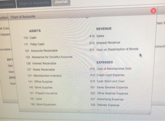 Chart of Accounts Journal ructions ction Chart of Accounts their fa REVENUE e Corp Septen ASSETS 110 Cash 410 Sales 111 Petty