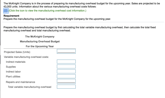 The McKnight Company is in the process of preparing its manufacturing overhead budget for the upcoming year. Sales are projec