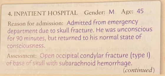 4. INPATIENT HOSPITAL Gender: M Age: 45 Reason for admission: Admitted from emergency department due to skull fracture. He wa