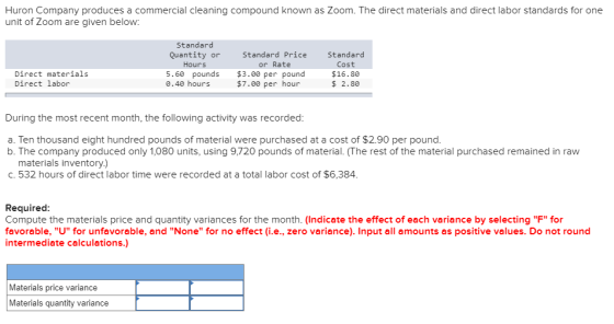Huron Company produces a commercial cleaning compound known as Zoom. The direct materials and direct labor standards for one