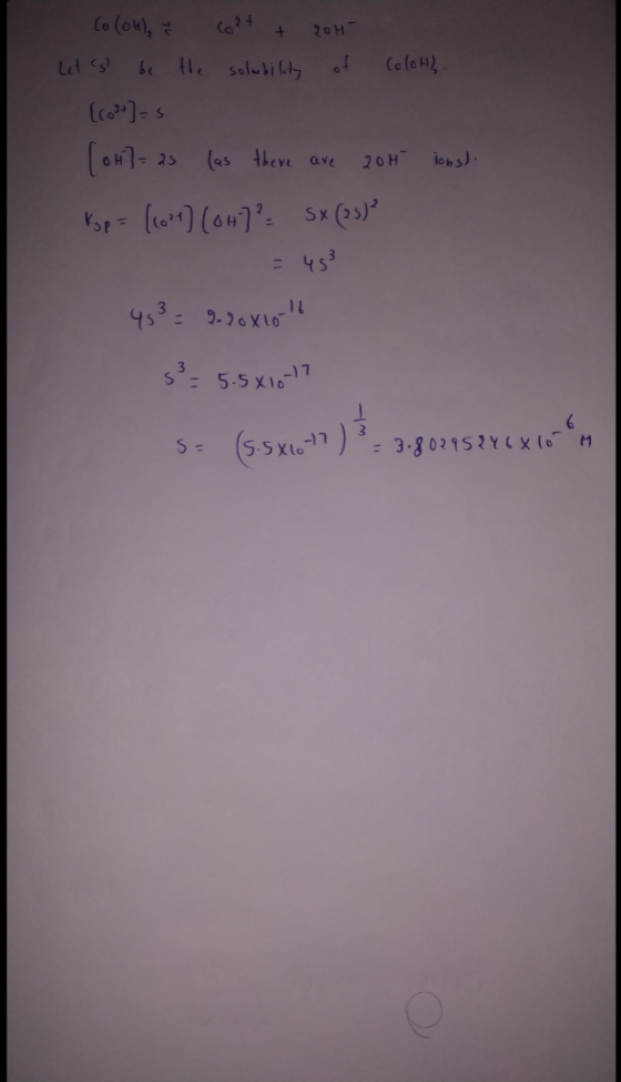 Co (OH), ř 62+ + 204 Let (s) be the solubility of ColoH). [co²+] = 5 [CH]=2s (as there are 2014 ions). kop= ((ost) (0H7² SX (
