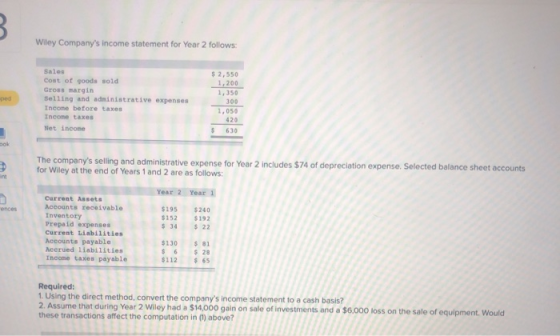 Wiley Companys income statement for Year 2 follows: $ 2,550 1,200 Sales Cost of goods sold Gross margin Selling and administ