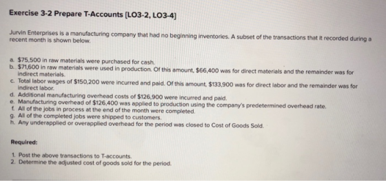 Exercise 3-2 Prepare T-Accounts [LO3-2, LO3-4) Jurvin Enterprises is a manufacturing company that had no beginning inventorie