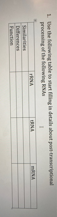 1. Use the following table to start filling in details about post-transcriptional processing of the following RNAs rRNA tRNA