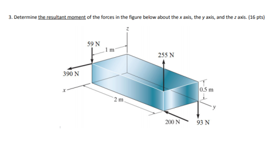 3. Determine the resultant moment of the forces in the figure below about the x axis, the y axis, and the z axis. (16 pts) 59 N 1 m 255 N 390 N 0.5 m 2 m 200 N 93 N