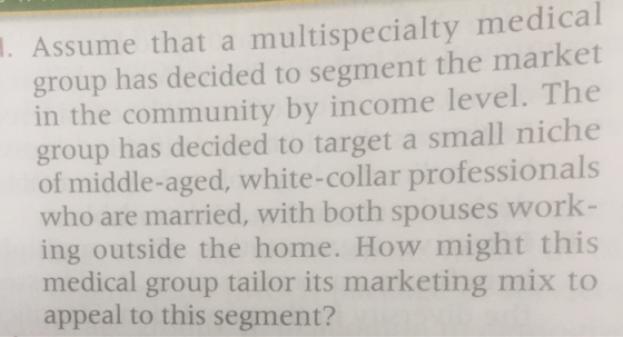 . Assume that a multispecialty medical group has decided to segment the market in the community by income level. The group ha