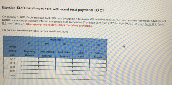 Exercise 10-10 Installment note with equal total payments LO C1 On January 1 2017. Eagle borrows $28,000 cash $8,081, consisting of accrued interest and principal on December 31 of each year from 2017 through 2020. Iable 81 Table B.2. Table B.3, and Table B.4) (Use appropriate factor(s) from the tables provided.) by signing a four-year, 6% installment note. The note requires four equal payments of Prepare an amortization table for this installment note. Payments Period Ending Beginning Debit Interest Debit NotesCredit Expense Ending Balance Date 2017 2018 2019 2020 Total Balance Payable Cash