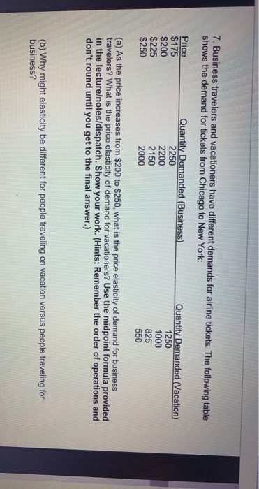 7. Business travelers and vacationers have different demands for airline tickets. The following table shows the demand for ti