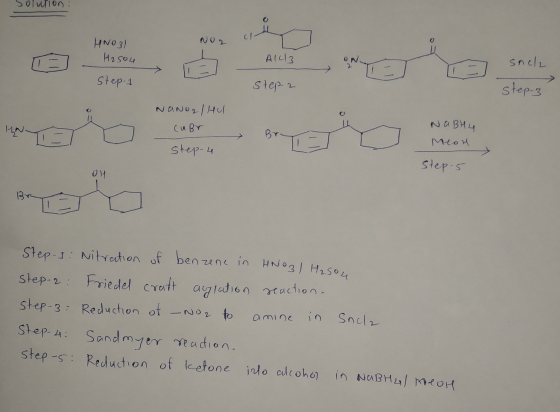 Solution : NO2 C HNO3) H2SO4 Alu3 snel Step.1 Step 2 step-3 NaNO2 Hul cubr NABH4 Mion step-u Step 5 12 Step-3: Nitration of b
