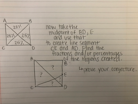 \ 2597 257 25% ( 25% c now take the midpoint of BD, E and use that to create line seqment CE and AD. Find the fractions and