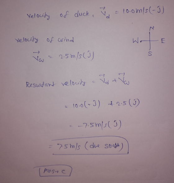 Xelocity of duck, V = 10.0m/s (-J) WrLE xelocity of wind Va = 2.5m/s (5) Resuetant velocity a Vd of Vou = 10.0(+3) + 2.5 (1)