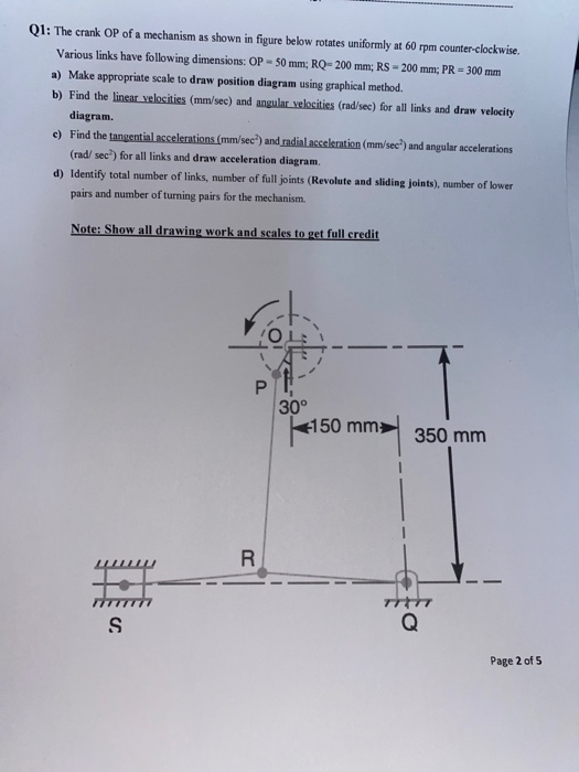 Q1: The crank OP of a mechanism as shown in figure below rotates uniformly at 60 rpm counter-clockwise. Various links have fo